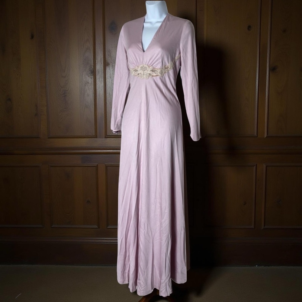 Vintage 70s Lilli Diamond Pink Gown Long Sleeve Embroidered Maxi Dress Small